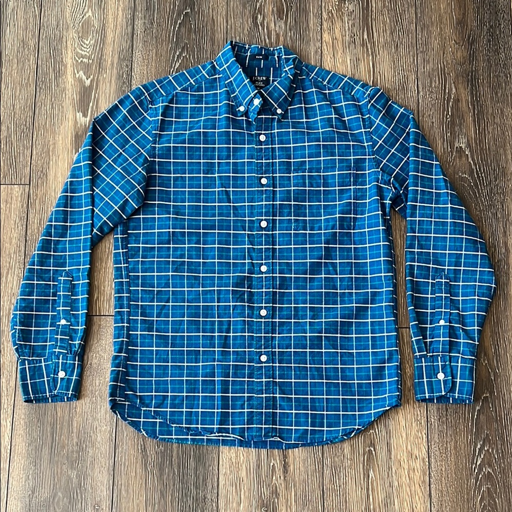 J Crew Slim Fit Flex Oxford Blue Checkered Men's Medium Button Down Shirt